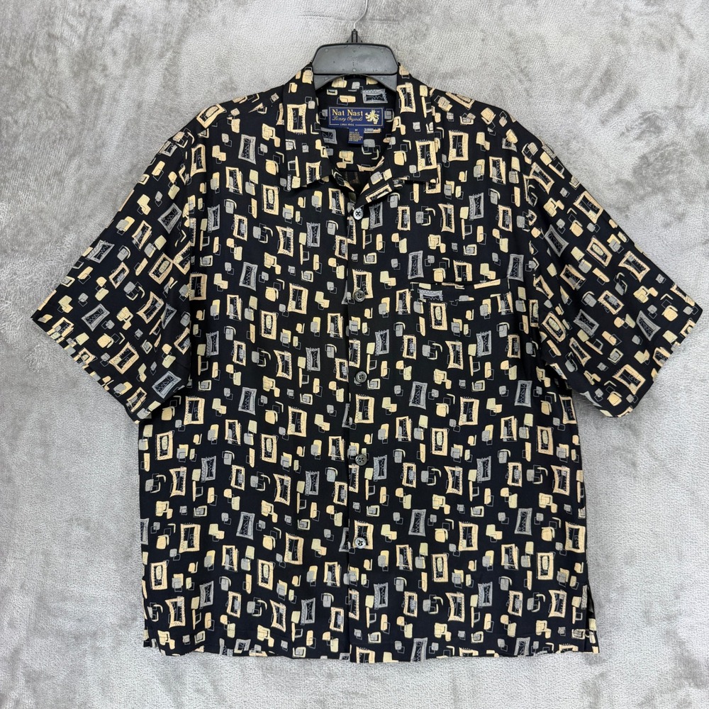 Nat Nast Shirt Mens Medium Black 100% Silk Short Sleeve Geometric Abstract Print